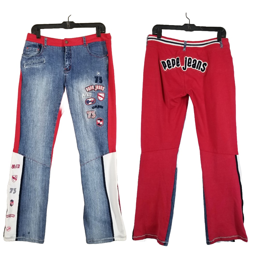Vintage Pepe Jeans Men 30 Boot Cut Blue Denim Red Jersey Patches Uk London 73